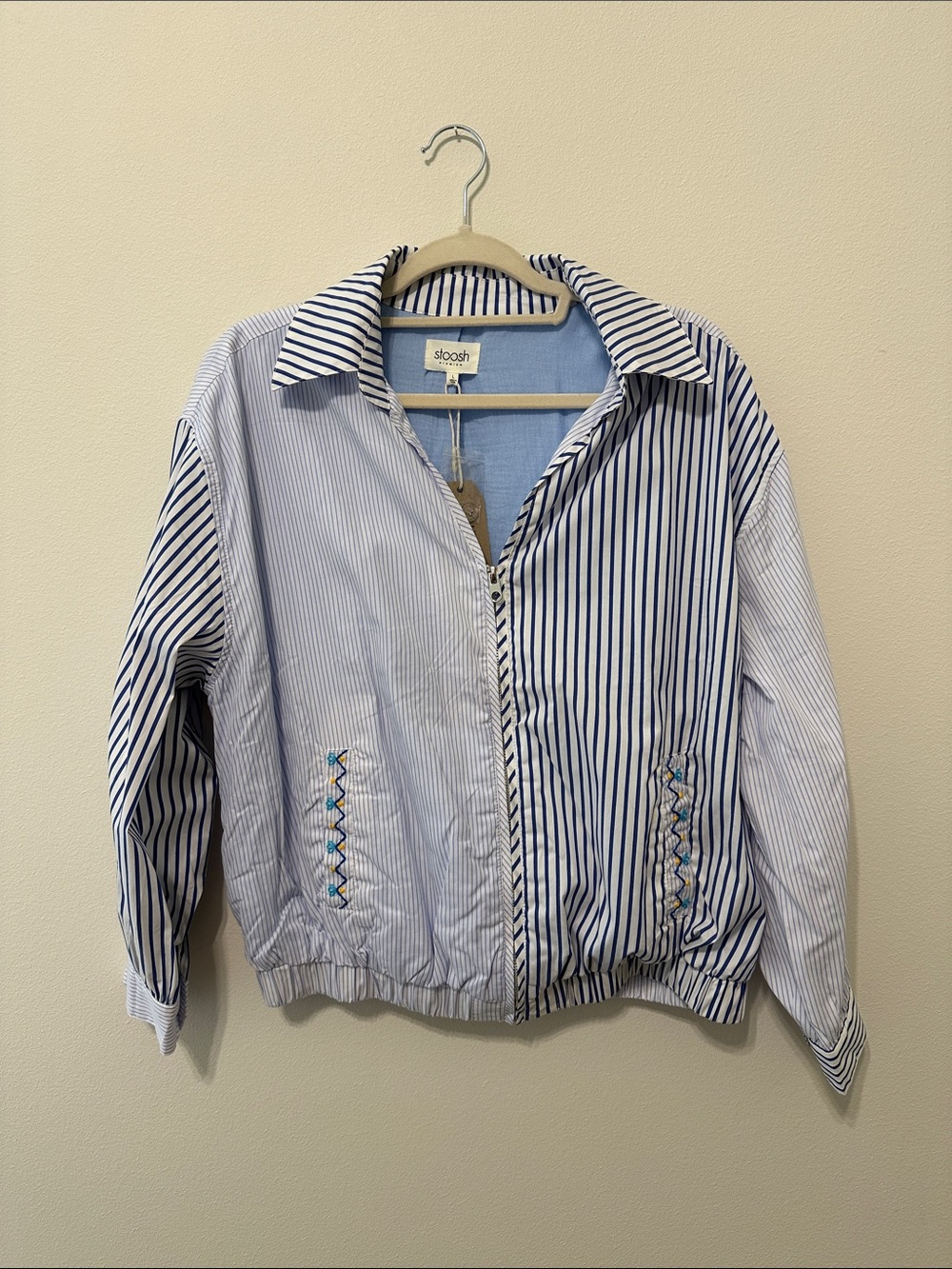 Stoosh Blue and White Striped Bomber Jacket